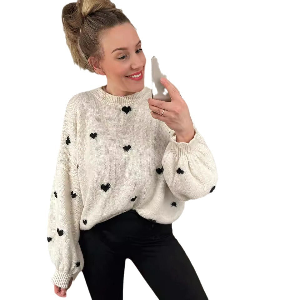 Damen lässiger Strickpullover mit herzförmigen Mustern und angeschnittenen Ärmeln Heidi-Mode