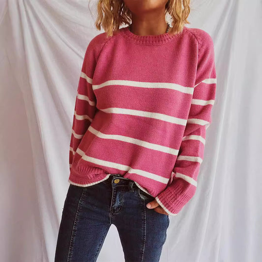 Damen lässiger Pullover mit strukturiertem Kragen und modischem Streifenmuster Heidi-Mode
