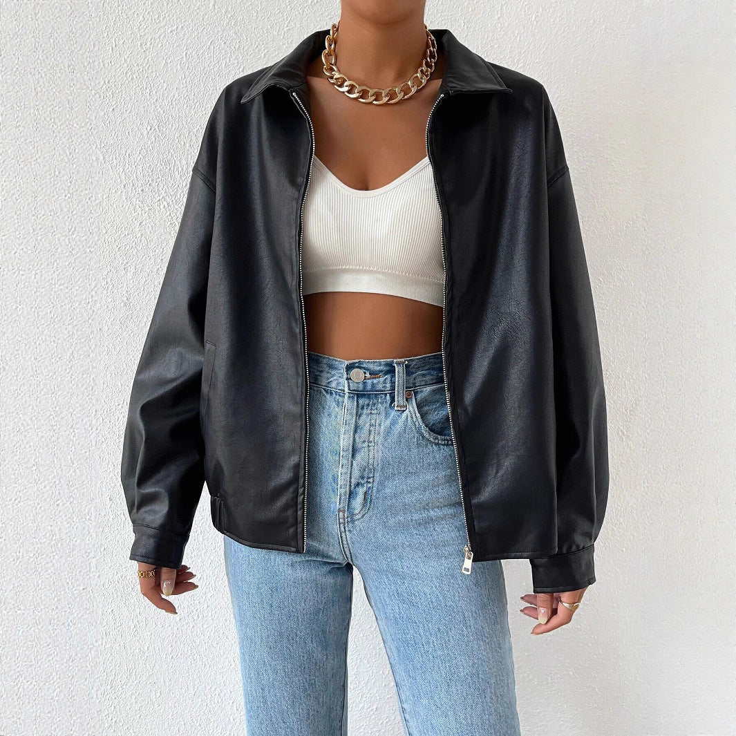 Damen trendige Kunstlederjacke im modernen Schnitt mit lässigem Reißverschluss Heidi-Mode