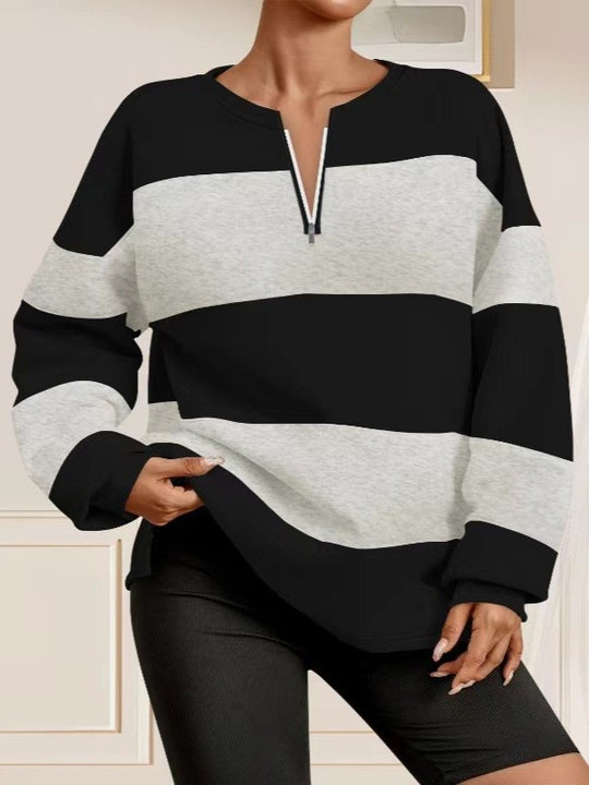Damen Langarm Sweatshirt mit modernem Reißverschluss und gestreiftem Design Heidi-Mode