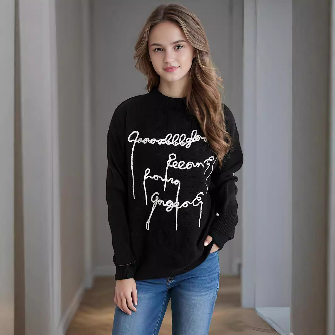 Damen lässiger Pullover mit kreativem Schriftzug Heidi-Mode