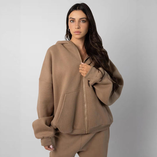 Damen oversized Fleece-Hoodie mit lässigem Reißverschluss und Kängurutaschen Heidi-Mode