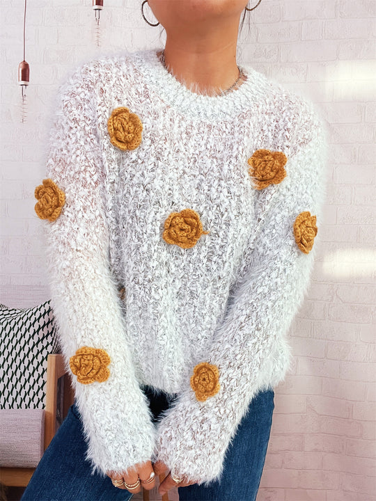 Damen gemütlicher, fluffiger Pullover mit verspielten Blumenapplikationen Heidi-Mode
