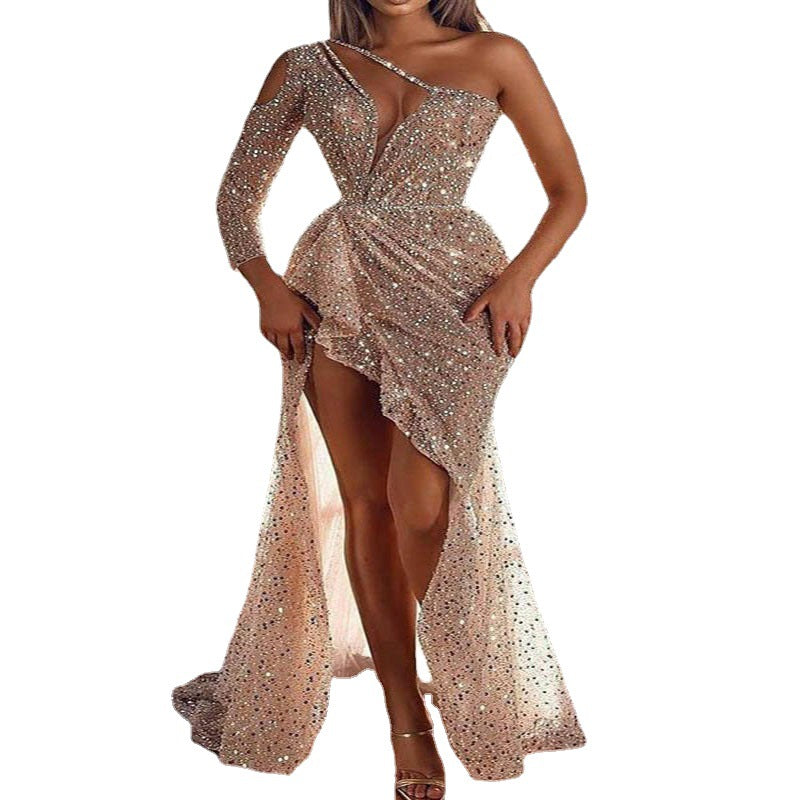 Damen Festliches Cocktailkleid mit glitzerndem Oberteil und asymmetrischem Design Heidi-Mode