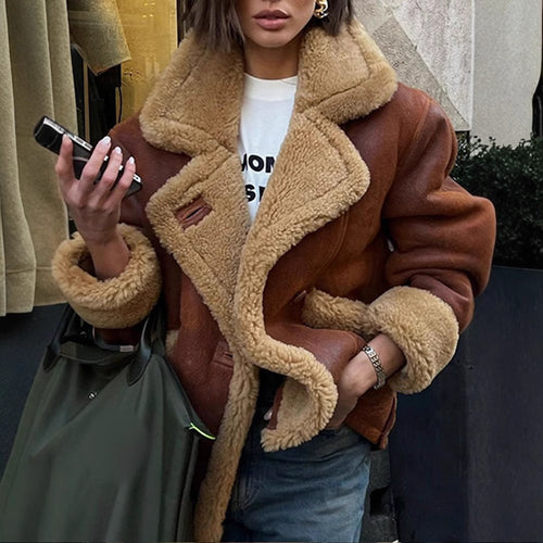 Damen Lässige und modische Teddyjacke mit großem Kragen und weich gefüttertem Innenleben Heidi-Mode