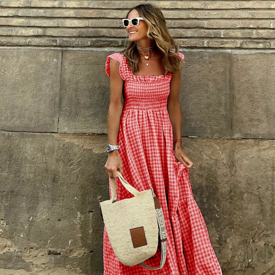 Damen Gingham Smocked Maxikleid mit Rüschensleeves Heidi-Mode