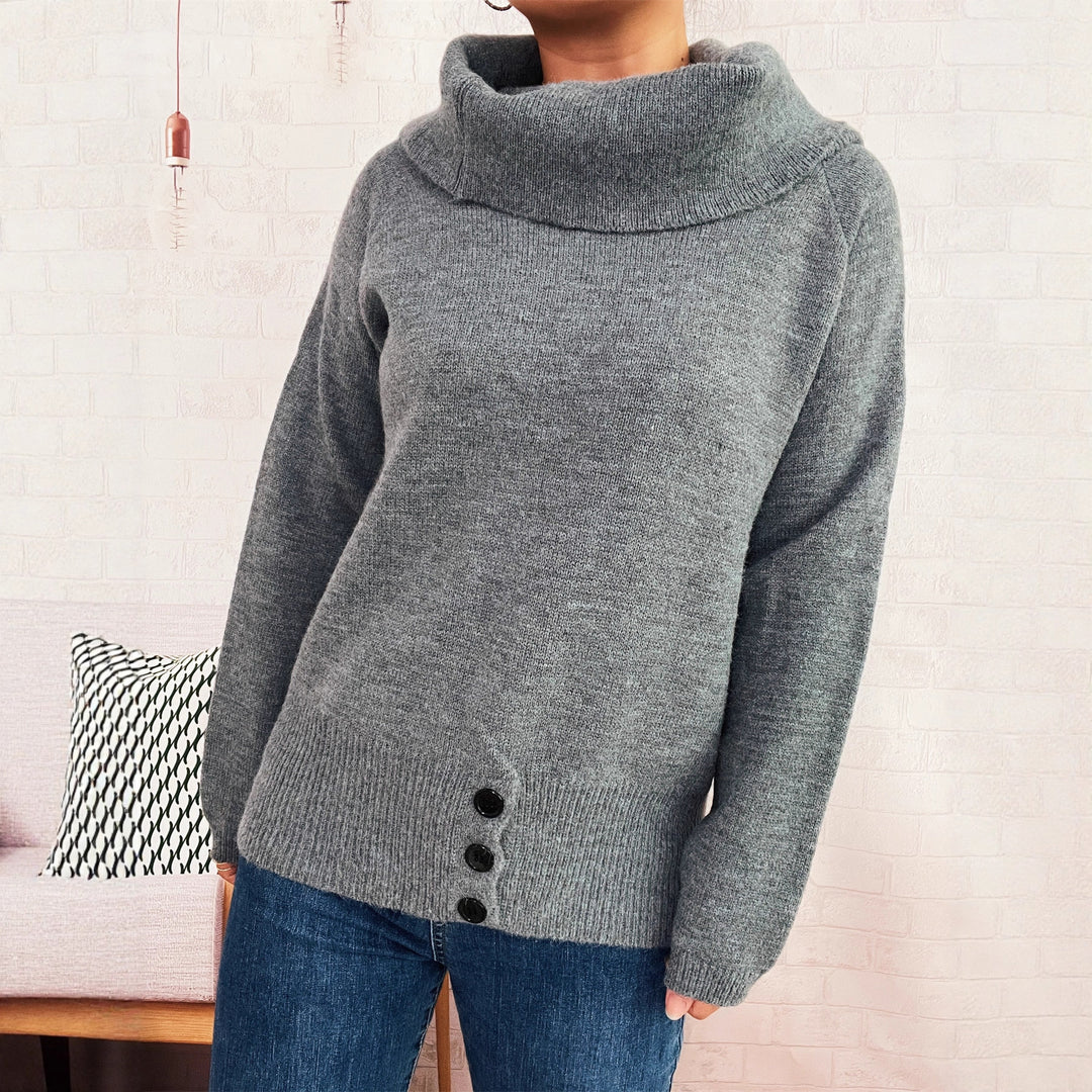 Damen Pullover mit weichem Kragen und dekorativen Knöpfen Heidi-Mode