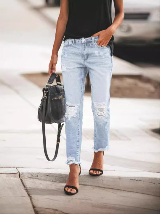 Damen Ripped Denim-Jeans mit lässigem Schnitt und ausgefranstem Saum Heidi-Mode