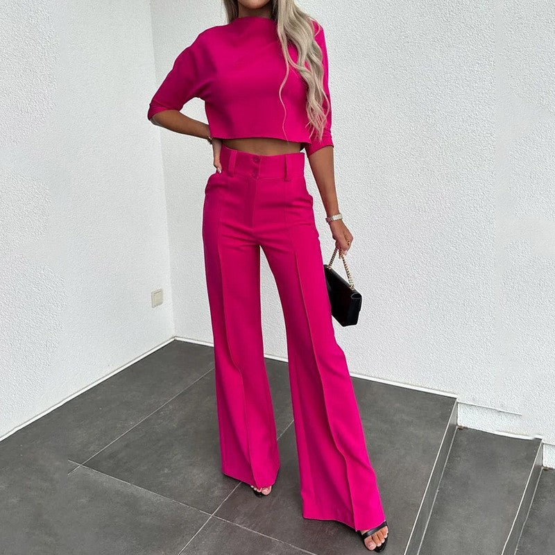 Damen Kombination aus cropped Oberteil und weit geschnittenen Hose Heidi-Mode