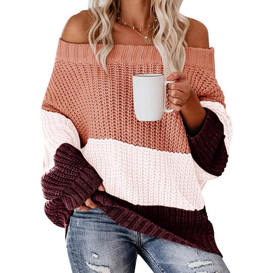 Damen lässiger Strickpullover mit weitem Ausschnitt und Farbblockdesign Heidi-Mode