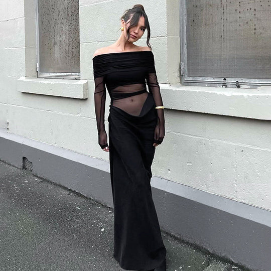 Damen Off-Shoulder Maxikleid mit voluminösem Rüschendesign Heidi-Mode