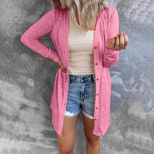 Damen Lange Strickjacke mit Knopfleiste und lässigem Schnitt Heidi-Mode