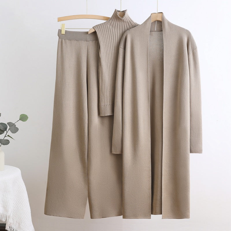 Damen gemütliches Strick-Loungewear-Set mit langem Cardigan und Rippenshirts Heidi-Mode