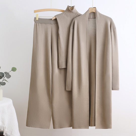 Damen gemütliches Strick-Loungewear-Set mit langem Cardigan und Rippenshirts Heidi-Mode