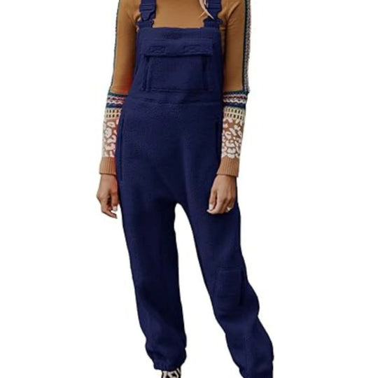 Damen Flauschiger Overall mit verstellbaren Trägern und Eingrifftaschen Heidi-Mode