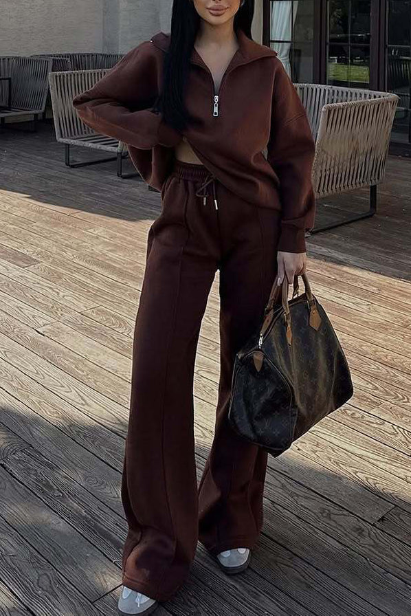 Heidi-Mode | Vibes Halb Offenes Pullover Sweatshirt und Hose Zwei Teiliges Satz