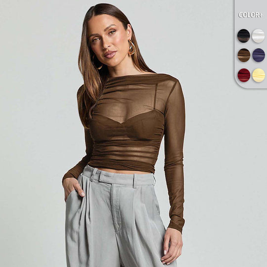 Damen Elegantes Langarmoberteil mit transparentem Mesh und Raffung Heidi-Mode