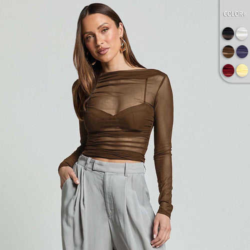 Damen Elegantes Langarmoberteil mit transparentem Mesh und Raffung Heidi-Mode