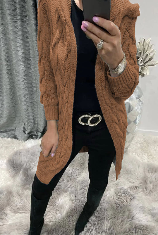 Damen Grobstrick-Cardigan mit Kapuze und Zopfmuster Heidi-Mode