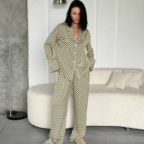 Heidi-Mode | Herbst Herbst Warm Karierte Lange Ärmel Hose Zwei Teile Set Hoch Gefühl Imitieren Seide Pyjama Frauen