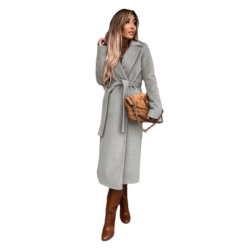 Damen eleganter langes Wollmantel mit Bindegürtel und klassischem Revers Heidi-Mode