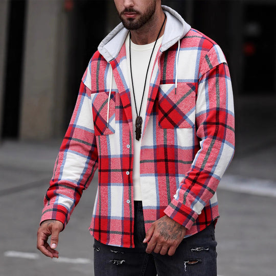 Herren Flanelljacke im lässigen Karomuster mit Kapuze und zwei Taschen Heidi-Mode