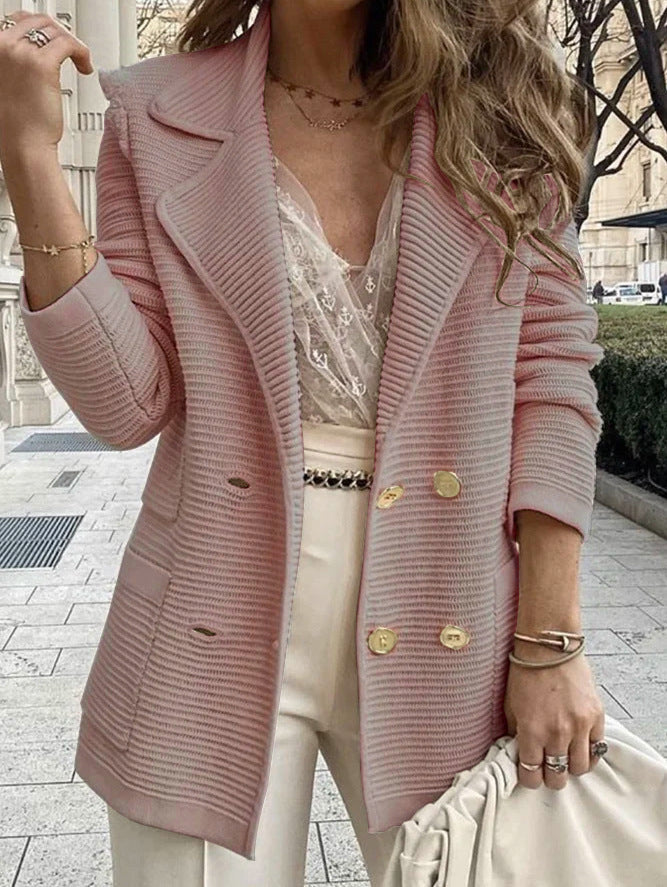 Damen eleganter Strickblazer mit doppelter Knopfleiste und Taschen Heidi-Mode