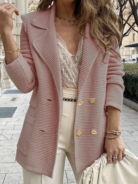 Damen eleganter Strickblazer mit doppelter Knopfleiste und Taschen Heidi-Mode