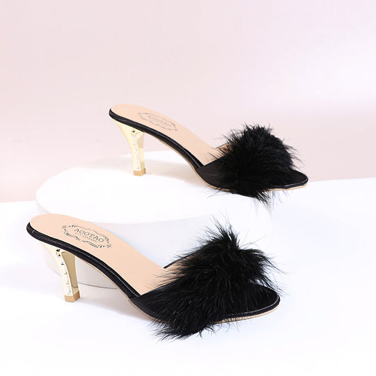 Damen schicke Pantoletten mit glamourösem Federdesign und elegantem Absatz Heidi-Mode