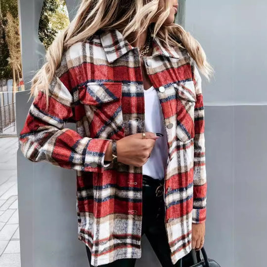 Damen Karo-Hemdenjacke im Oversized-Stil mit Druckknopfverschluss Heidi-Mode