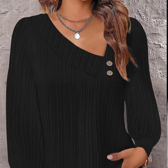 Damen Plissiertes Oberteil mit asymmetrischem Kragen und eleganten Knopfdetails Heidi-Mode