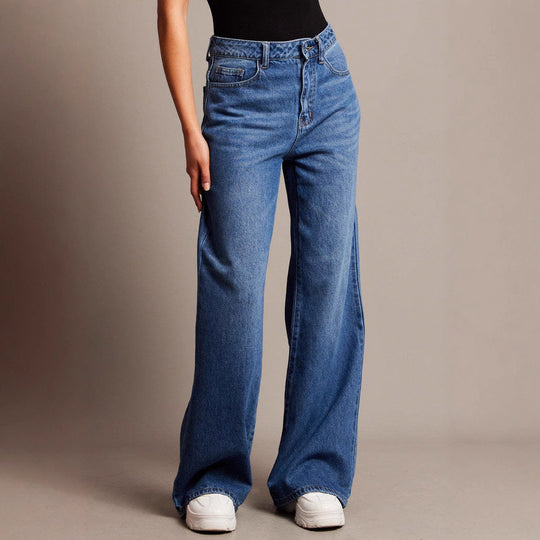 Damen Weit geschnittene High-Waist Jeans mit eleganten Falten Heidi-Mode