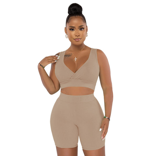 Damen Sportliches Set aus Cropped Oberteil und Radlerhosen mit Rippstruktur Heidi-Mode
