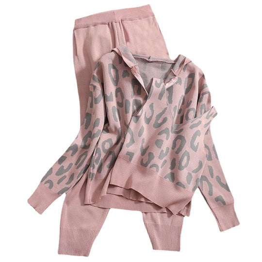 Damen gemütliches Strick-Loungewear-Set mit Leopardenmuster Heidi-Mode