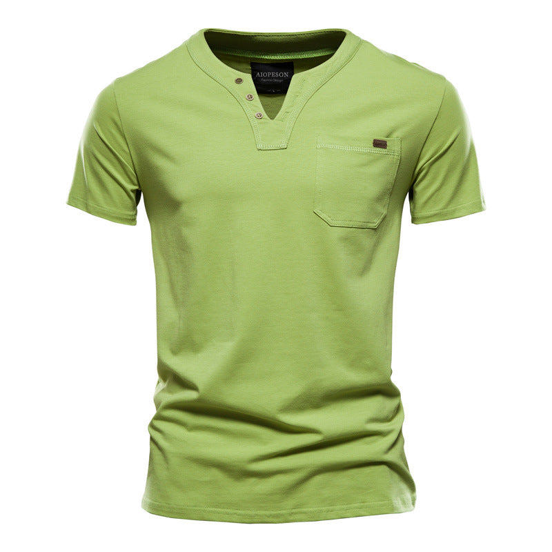 Herren V-Ausschnitt T-Shirt mit Druckknöpfen und Brusttasche Heidi-Mode