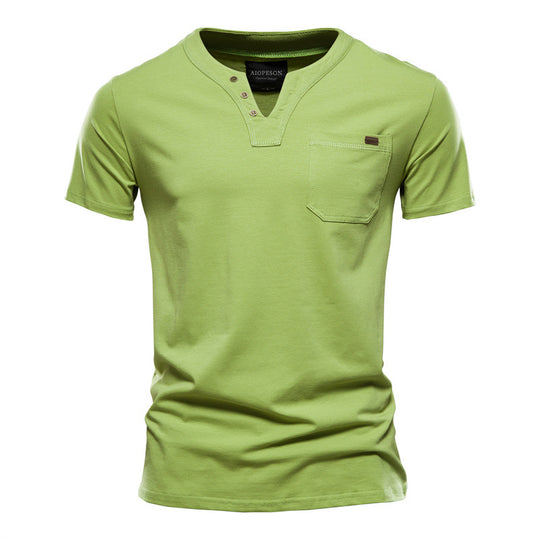 Herren V-Ausschnitt T-Shirt mit Druckknöpfen und Brusttasche Heidi-Mode