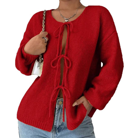 Damen Oversized Strickpullover mit dekorativem Schnürdetail Heidi-Mode