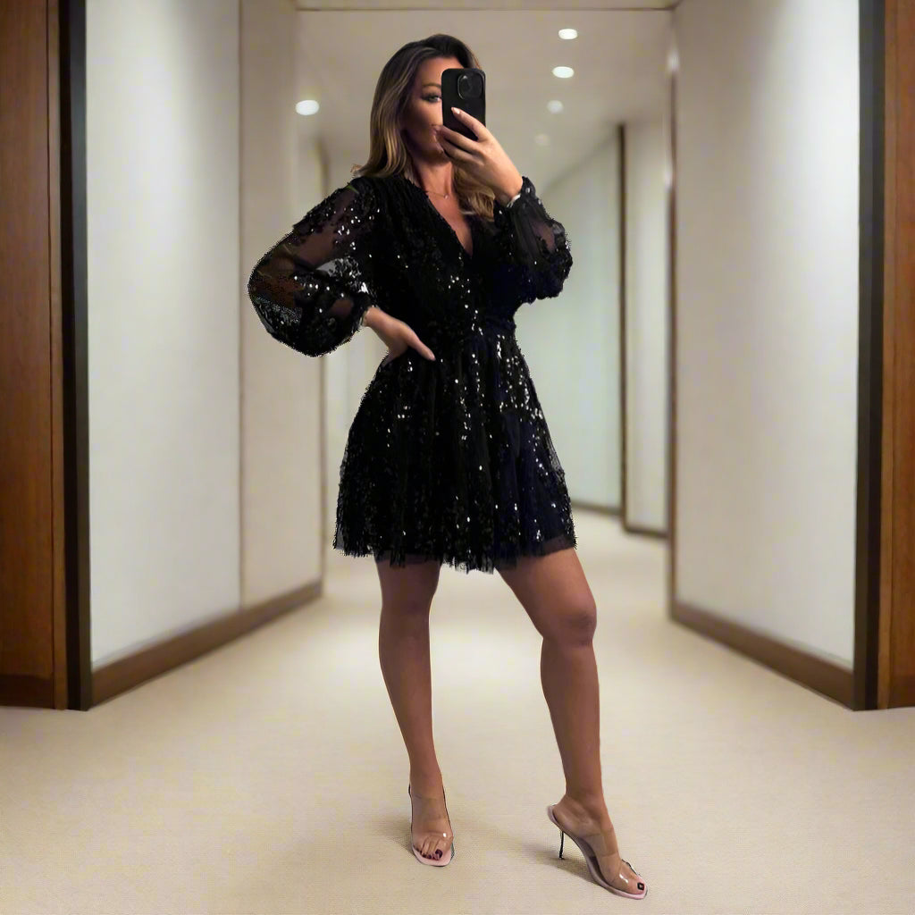 Damen Glänzendes und elegantes Kleid mit Pailletten Heidi-Mode