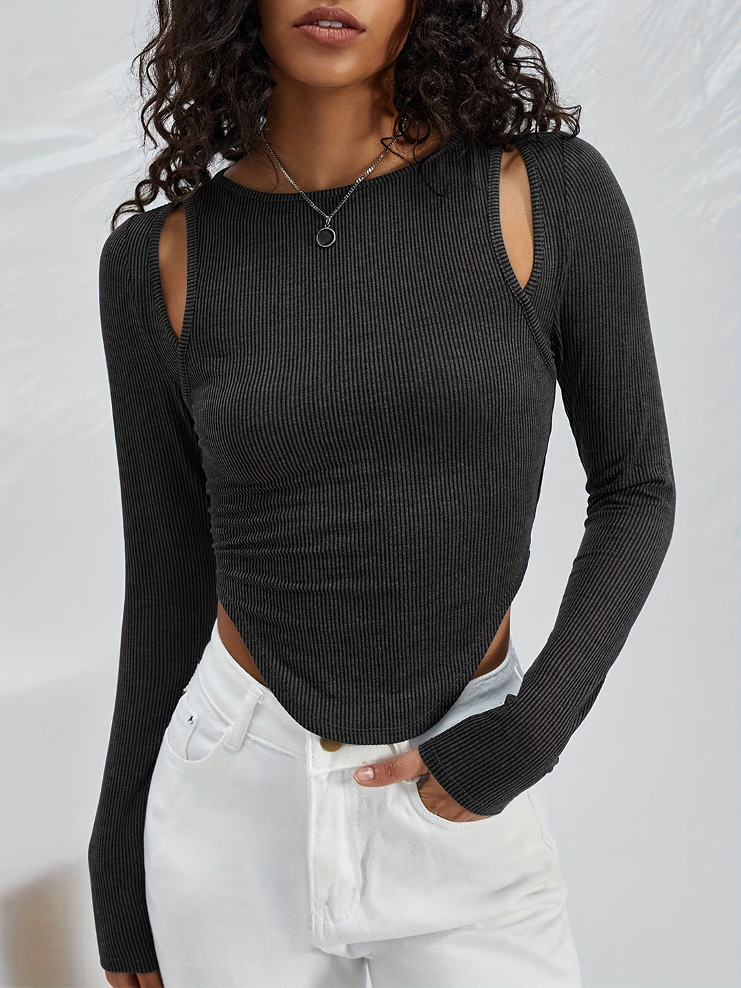 Damen Langarmshirt mit asymmetrischem Cut-Out und Rippstruktur Heidi-Mode
