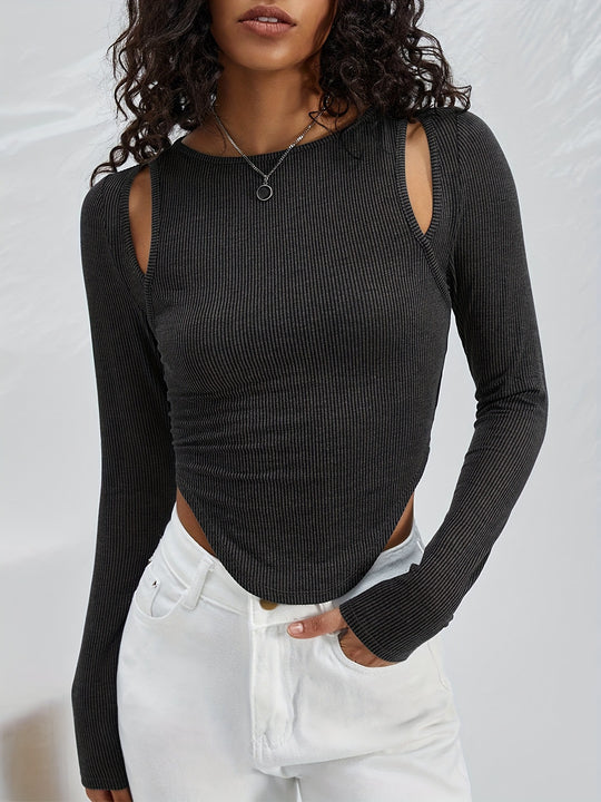 Damen Langarmshirt mit asymmetrischem Cut-Out und Rippstruktur Heidi-Mode