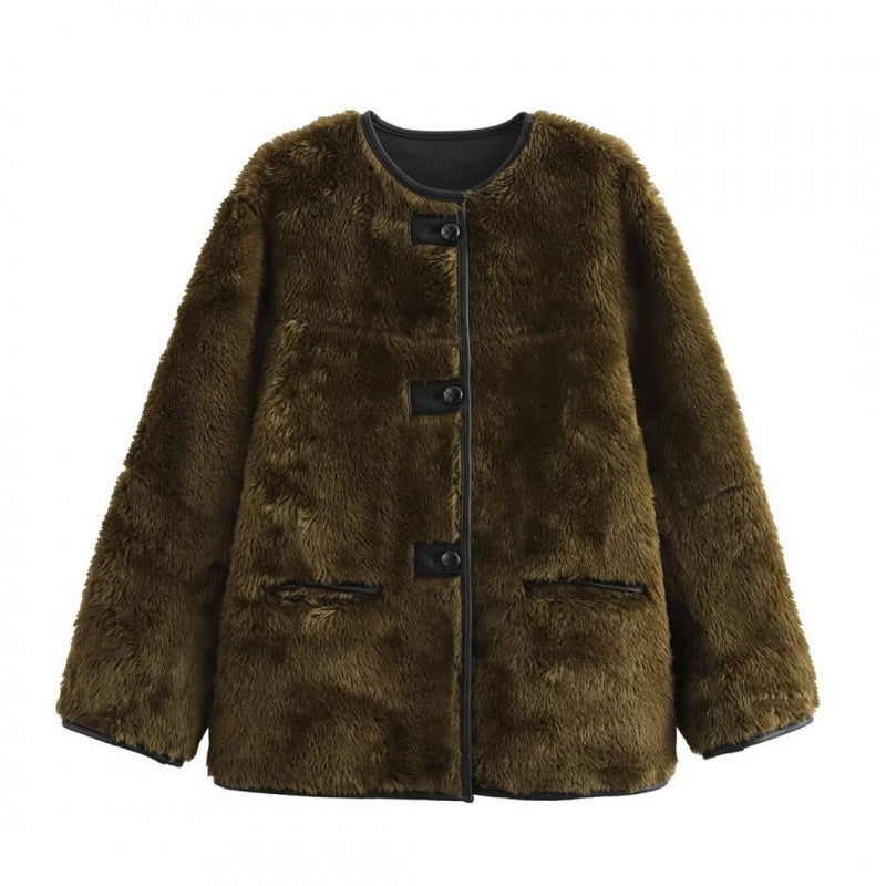 Damen Teddyjacke mit kontrastierenden Taschen und Knopfdetails Heidi-Mode