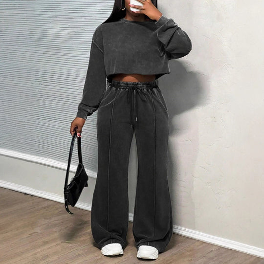 Damen lässiges cropped Lounge-Set mit weitem Hosen und praktischem Kordelzug Heidi-Mode