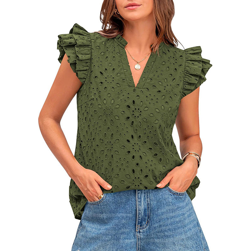 Damen Bluse mit Rüschenärmel und floralem Lochmuster Heidi-Mode