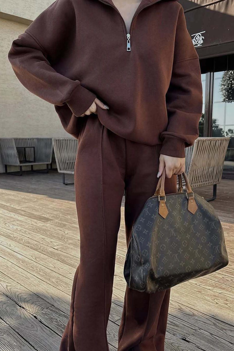 Heidi-Mode | Vibes Halb Offenes Pullover Sweatshirt und Hose Zwei Teiliges Satz