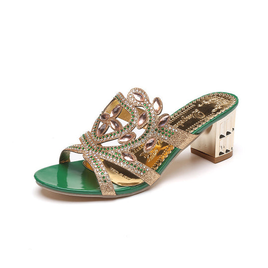 Damen Mules mit funkelndem Schmuck und komfortablem Blockabsatz Heidi-Mode
