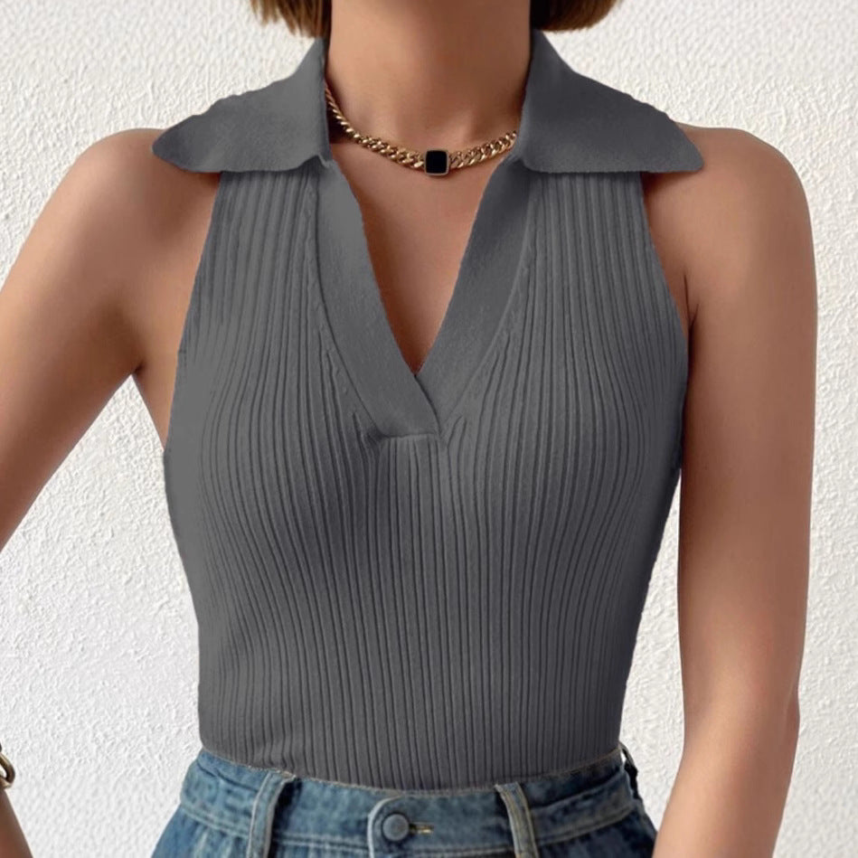Damen Ärmelloses Strickoberteil mit modischem Kragen und Rippstruktur Heidi-Mode