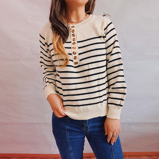 Damen gestreifter Strickpullover mit Knopfdetails und lässigem Schnitt Heidi-Mode