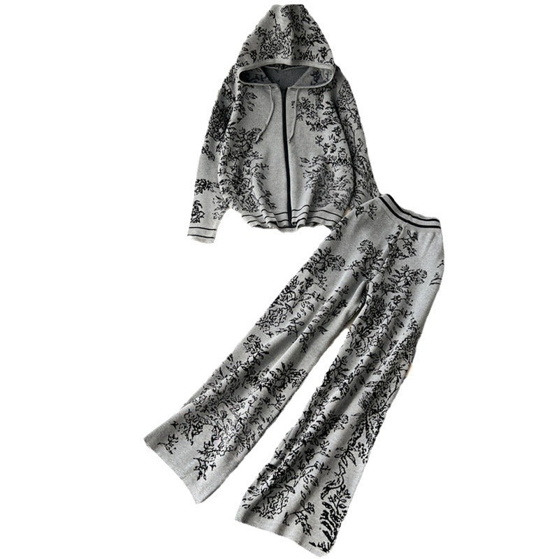 Damen modisches Freizeit-Lounge-Set mit Kapuze und floralem Muster Heidi-Mode