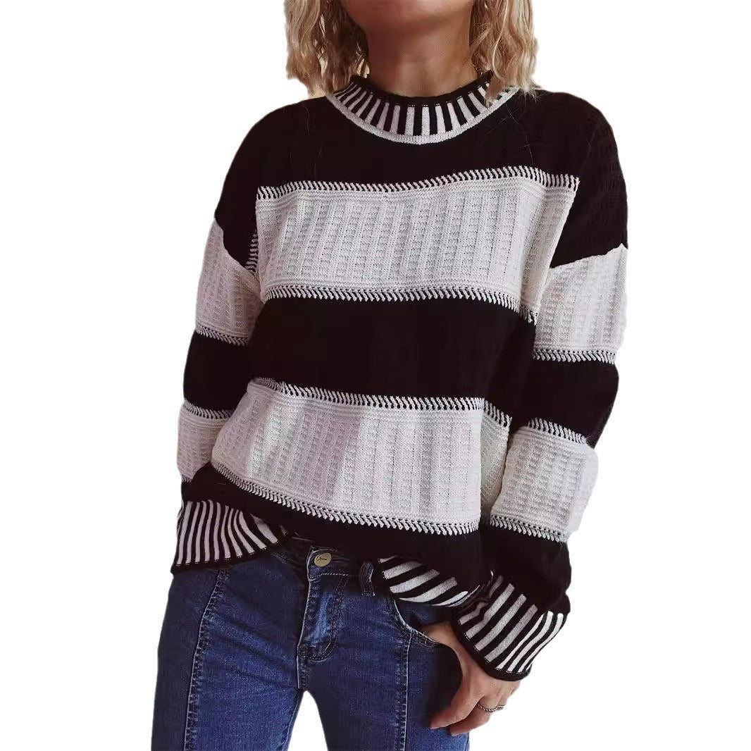 Damen lässiger Strickpullover mit modernem Streifenmuster und warmem Material Heidi-Mode