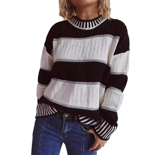 Damen lässiger Strickpullover mit modernem Streifenmuster und warmem Material Heidi-Mode